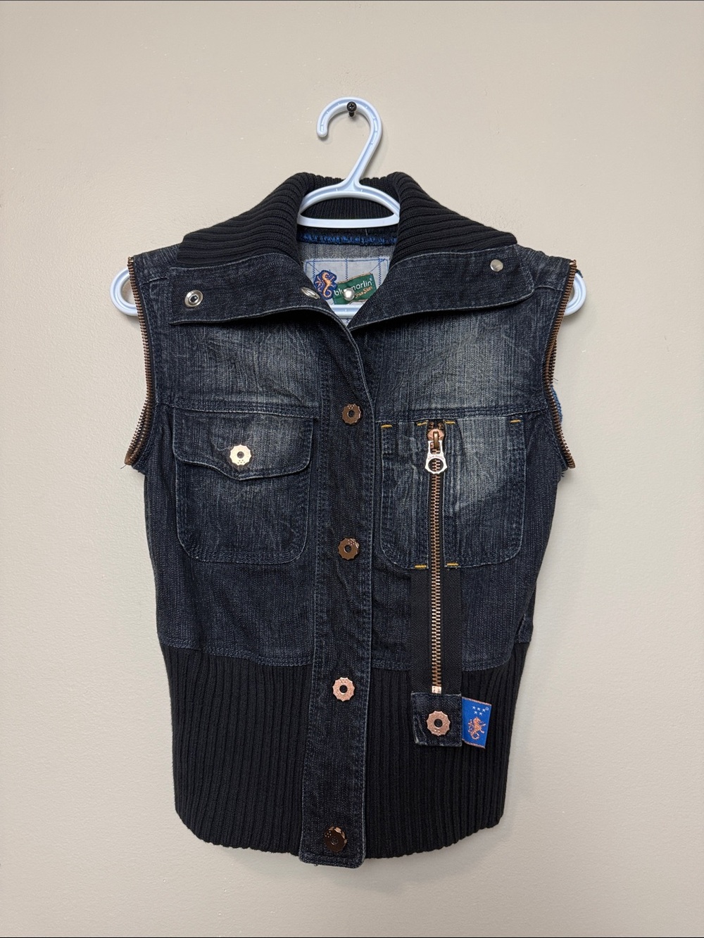 Y2k blue Marlim Vest Denim Navy Blue Bomber Jacket size S/M